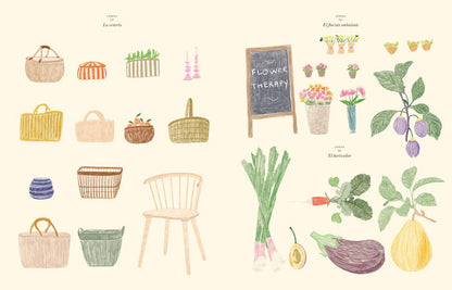 El mercado. Colorea y crea tu collage con pegatinas