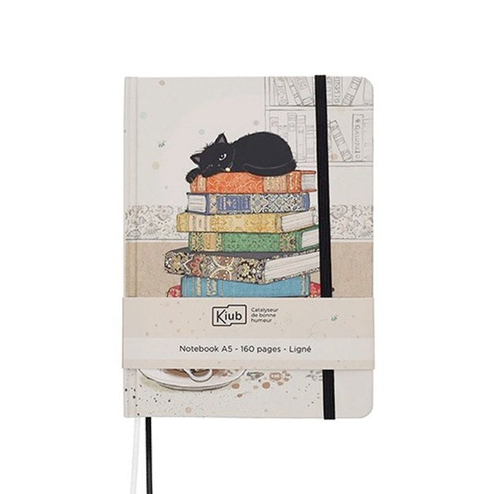 CUADERNO NOTEBOOK A5 GATO DORMIDO EN LIBROS